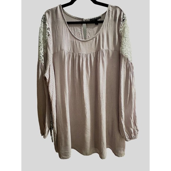 Lane Bryant size 22/24 pink stripe lace shoulders balloon sleeve Boho tunic - Picture 1 of 8
